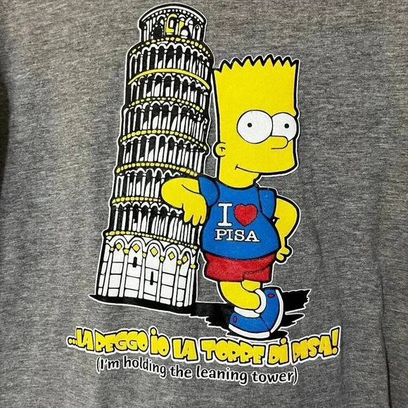 Stedman Mens Bart Simpson Leaning Tower of Pisa Italy T-Shirt Large Gray VINTAGE - Picture 1 of 7